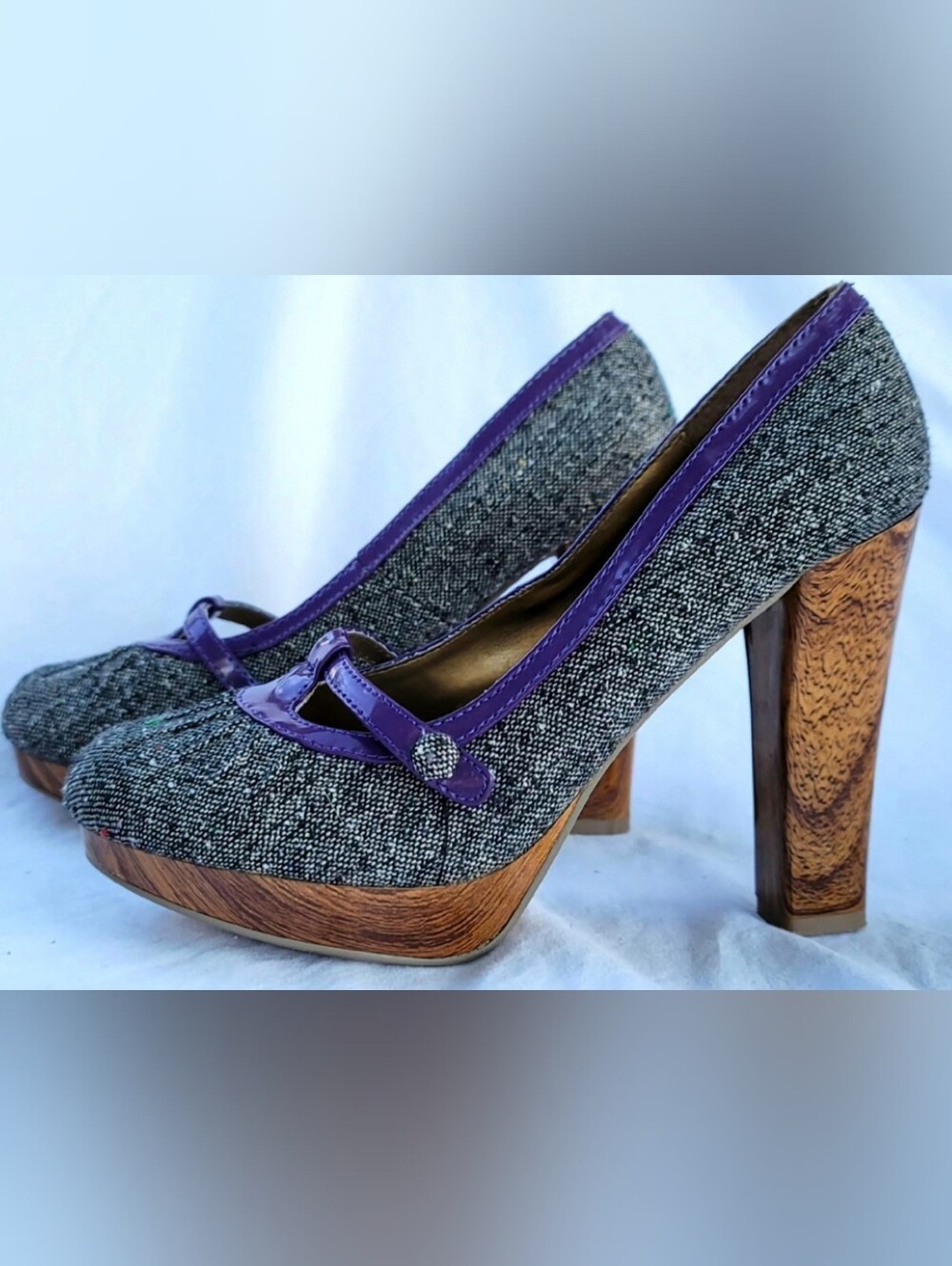 Qupid Rare Vtg Gray Tweed Mary Jane Platform Pumps with Purple Trim Sz 7.5
